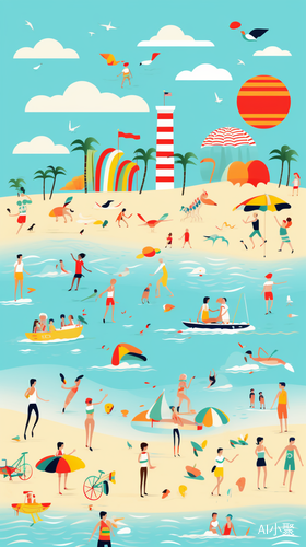 Colorful Beach Scenes with Bold Lines and Bright Colors