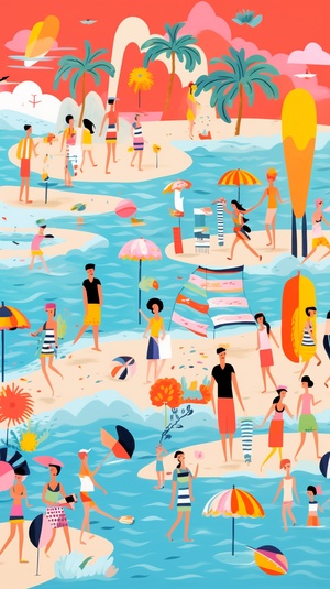 Colorful Beach Scenes with Bold Lines and Bright Colors