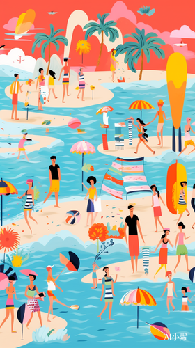 Colorful Beach Scenes with Bold Lines and Bright Colors