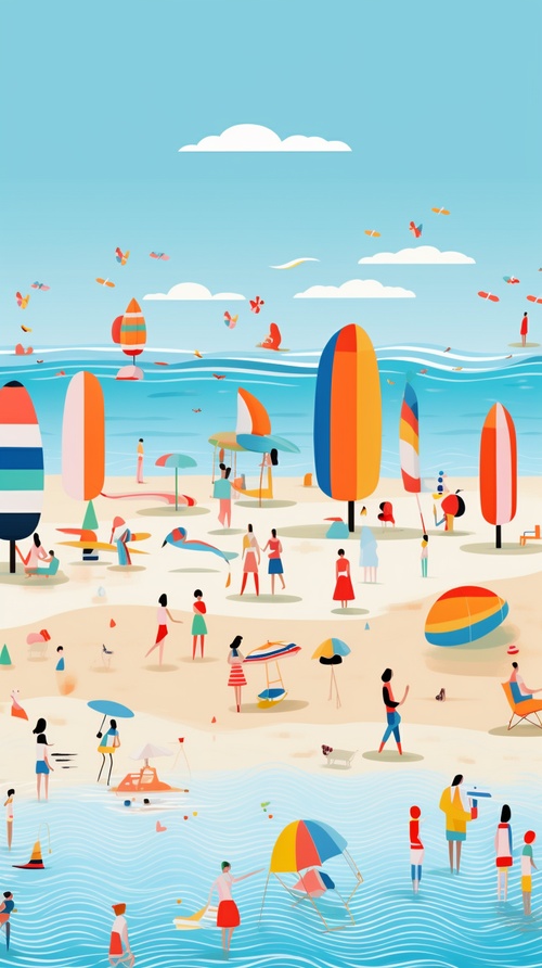 https:s.mj.run9xjiuxglz0g a set of colorful beach scenes with people on the beach, in the style of ferris plock, wallpaper, paul rand, wiesław wałkuski, nonrepresentational, bold lines, bright colors, use of fabric ar 35:62 v 6.0