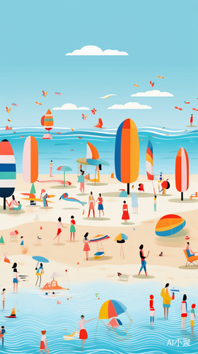 Colorful Beach Scenes with Bold Lines and Bright Colors