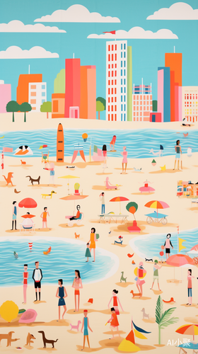 Colorful Beach Scenes with Bold Lines and Bright Colors