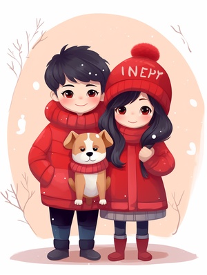 Winter fun,simple style,a puppy is wearing red scfarf and another wearing red sweater,2 puppies hugged together with each other.speech bubble saying"Happy New Year",Danish,minimal,cozy,Chinese new year theme elements,illustration