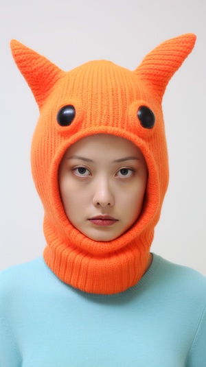 portrait of a person on white background wearing complete pullover head covering. minimal design headpieces with only a few details. Colorful and strange animal heads with bulging eyes. made of needle felted v 6.0 s 50