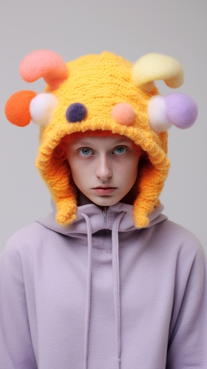 portrait of a person on white background wearing complete pullover head covering. minimal design headpieces with only a few details. Colorful and strange animal heads with bulging eyes. made of needle felted v 6.0 s 50