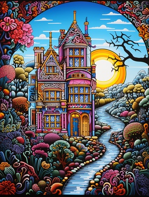 the beautiful home from britannia by cathalie hagwood art framed, in the style of contemporary candy-coated, howard arkley, romanticized landscapes, vibrant neo-traditional, fantastical street, shaped canvases, french countryside