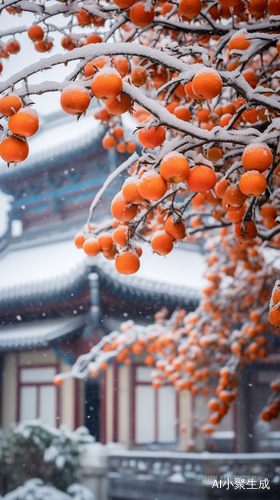 柿子树下的江南雪花摄影