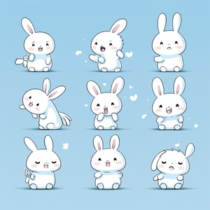 A drawing for the rabbit daily timetable stickers,in the style of hallyu,screenshotsaturday,mori kei,duckcore plush doll art,exaggerated poses,[happy,angry,sad,cry,cute,expecting,laughing,dis appointed],light white and blue ar3:4 niji 5 style cute