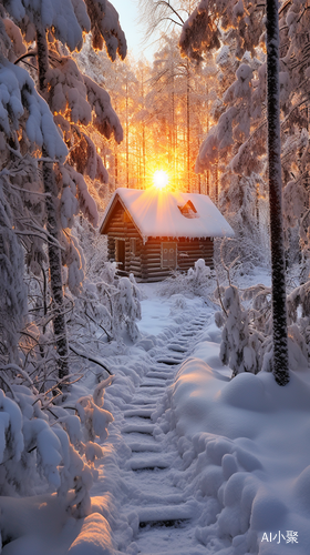 冬日仙境：雪覆小屋，树林金光