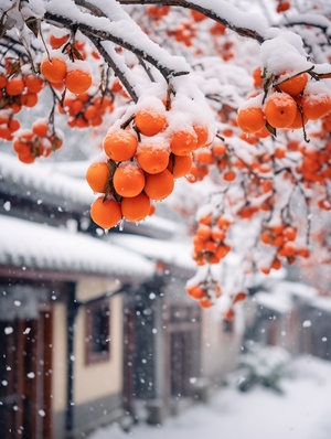 柿子树下的江南雪花摄影