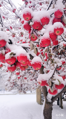 江南小镇的苹果树下白雪纷飞摄影