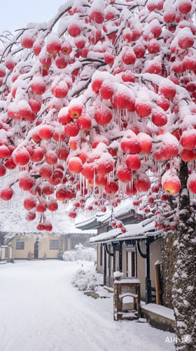 江南小镇的苹果树下白雪纷飞摄影