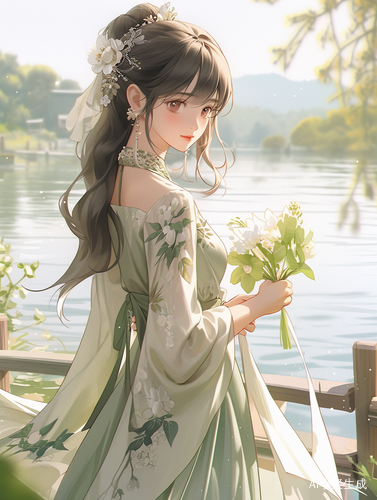 亚洲女孩在超高清的湖泊沙滩上穿着碎花连衣裙