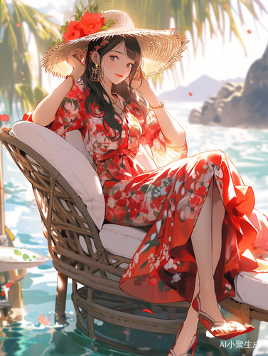 亚洲女孩在超高清的湖泊沙滩上穿着碎花连衣裙