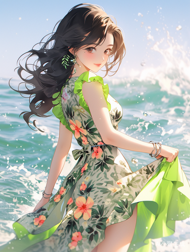 亚洲女孩在超高清的湖泊沙滩上穿着碎花连衣裙
