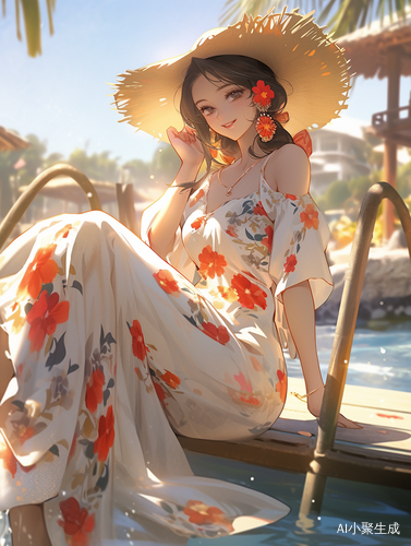 亚洲女孩在超高清的湖泊沙滩上穿着碎花连衣裙
