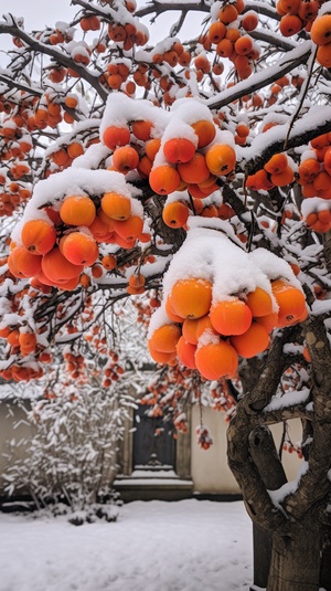 满树柿子，江南小镇的雪花摄影