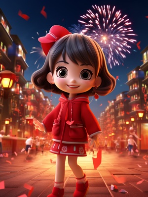 Happy New Year with a Cute Little Girl in Pixlar-style 3D Cartoon