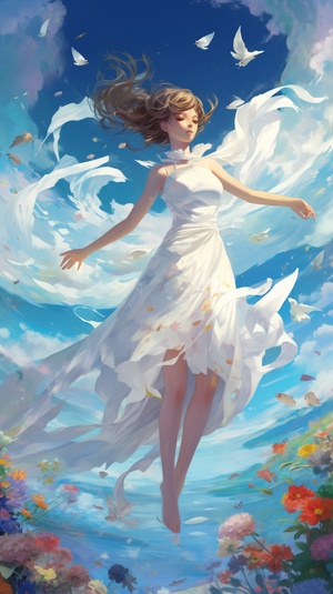 Running girl in the sea of flowers