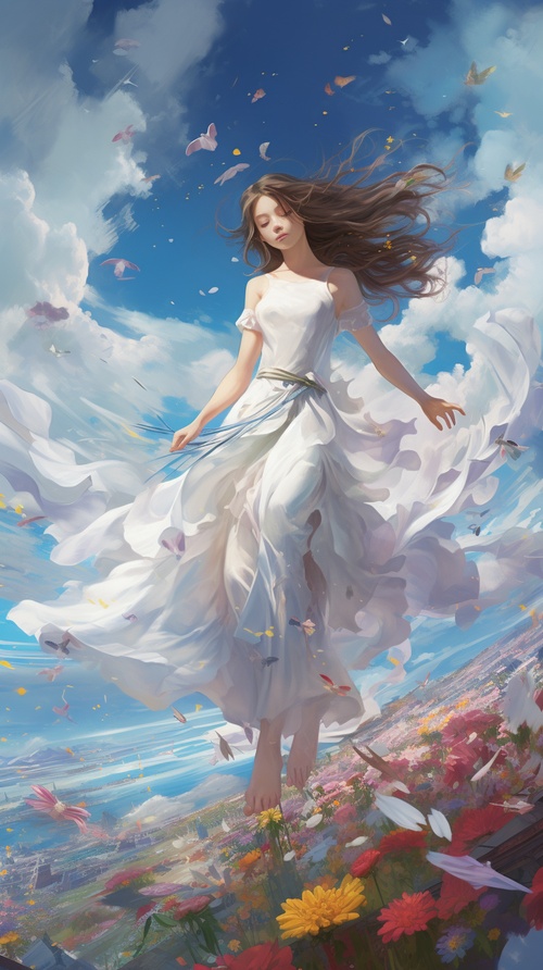 The blue sky, white clouds, and sea of flowers, a girl wearing a white long dress is running happily in the sea of flowers., A painting, cyberpunk ar 9:16