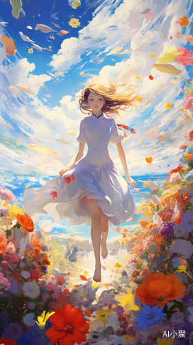 Running girl in the sea of flowers