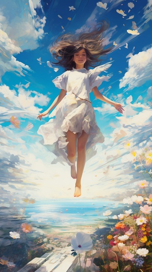 Running girl in the sea of flowers