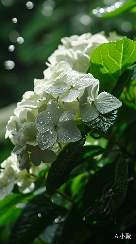 阳光下的白色绣球花瓣