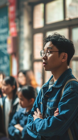 一位中国的男数学老师在讲台上讲课给学生们