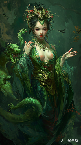 神女山海经展示-句芒 神女形象 青木色 脚踏青龙