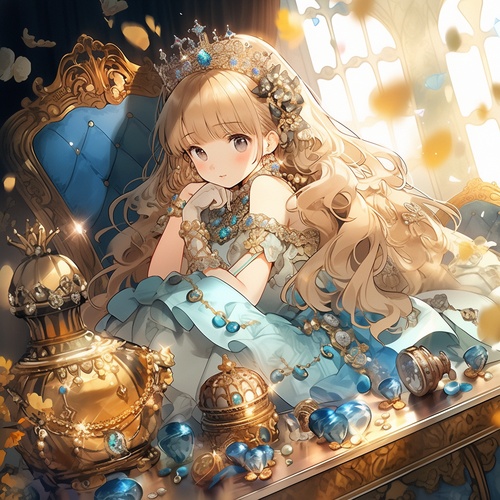 小乔，，Alchemy, 2princess, aristocrat, sitting on the golden treasure, princess skirt, jewelry, crown, lovely, beautiful, meticulous, palace, amazing! So beautiful, as beautiful as a fairy from heaven to earth. Bubble sleeves, bow decoration, jewelry,long hair, < masterpiece, > < illustration, and its detailed, > (beautiful and delicate eyes, smooth and delicate body, complex and meticulous, 8k, cg, effect of light, masterpiece,)) Angel rings, fantasies, magnificent palaces with golden walls, a