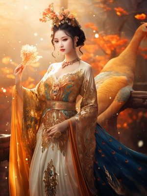 A golden peacock and a beautiful antique woman with delicate features and a peacock egg in her hand. Smile, wearing luxurious and elegant golden Hanfu, fog feeling, eyes looking straight at, the sky is flying flames, the atmosphere around the body is emitting light, the background is colorful, dreamlike, misty, daytime, ancient style, perfect composition, fine details, movie texture, 8k, masterpieces, quadratic illustration. s200,niji5,all of which have high-definition picture quality.super wide angle and a