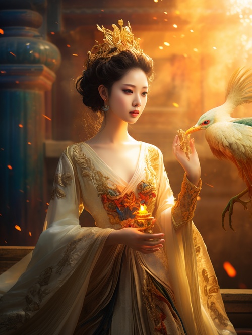 A golden peacock and a beautiful antique woman with delicate features and a peacock egg in her hand. Smile, wearing luxurious and elegant golden Hanfu, fog feeling, eyes looking straight at, the sky is flying flames, the atmosphere around the body is emitting light, the background is colorful, dreamlike, misty, daytime, ancient style, perfect composition, fine details, movie texture, 8k, masterpieces, quadratic illustration. s200,niji5,all of which have high-definition picture quality.super wide angle and a