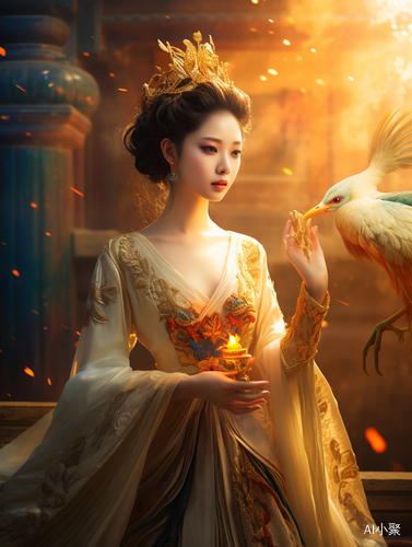 Golden Peacock: A Dreamlike Antique Woman with a Peacock Egg