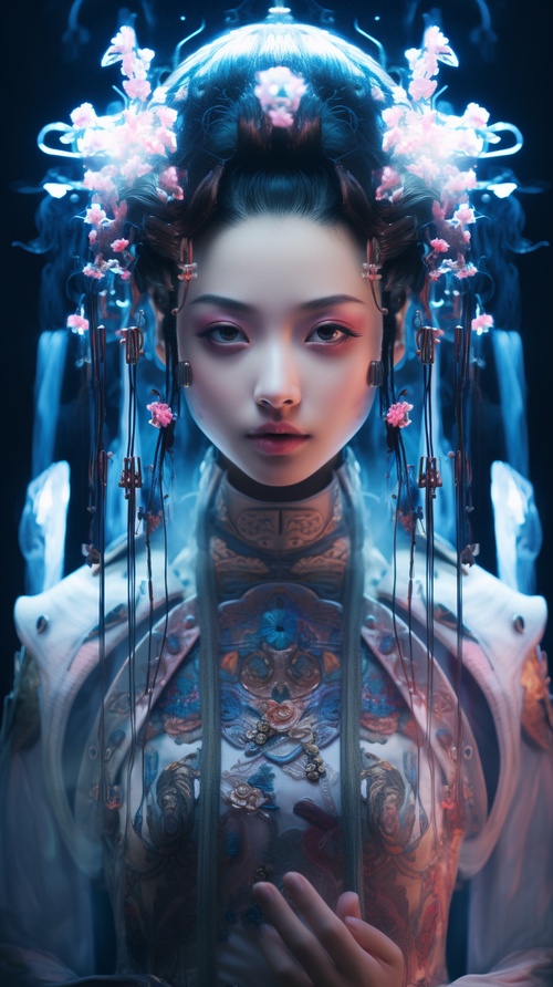 Chinese,young,girl,,with,a,3D,three-dimensional,face,,fair,skin,,exquisite,facial,features,,a,fusion,of,Chinese,Hanfu,and,mecha,,a,touch,of,porcelain,,cyberpunk,style,,wide-angle,lens,,holographic,projection,,glowing,brush,strokes,,strong,contrast,between,light,and,dark,,holographic,ribbons,around,the,waist,,Chinese,martial,arts,movements,,16k,,3D,,art,,realism,,high,detail,,and,the,highest,quality