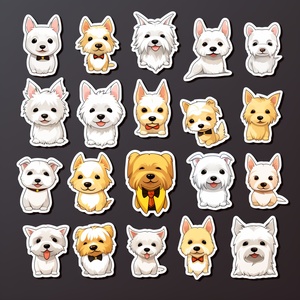 anime dog stickers group 16, White WestHighland White Terrier,Yellow bowtie, in the style of dark yellow and beige, dynamic action sequences, sketch fab, white, hallyu, happenings, gemstone ar 1:1niji 5