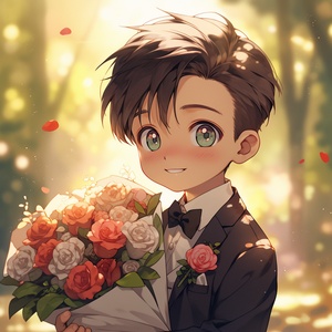 A cute little boy with fair skin, big black eyes, a smile on his face, wearing a handsome white shirt, a black dress, a bow tie, getting married, roses, and a light emitting atmosphere, sweet and happy. A sense of haziness, dreaminess, and cinematic quality.