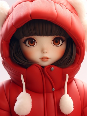 Asian illustration, a 18 year old girl, big eyes,In winter, wearing very thick red clothes, white background, clay, Matte, soft light, glowwave, simple, 3d, blender, oc render, in by pop mart, blind box toy, hyper detail, c4d, 8k, uhd niji 5 ar 3:4