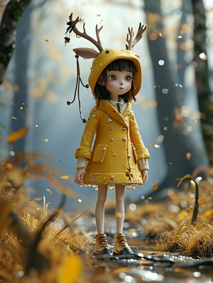 the full body 3D artwork of very lovely girl, very cute deer antler hat, yellow leather coat of PVC material, forest, Playful, watercolor texture style, pop mart blind box, clay material, clean background, award-winning, LED, 3d art, depth of field, Pixar trend, surreal, octane rendering, ray tracing, complex details, animation lighting, c4d,ar 3:4