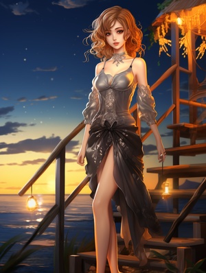 full-body shot,Anime style, exquisite face,Earrings,popular, female, harmonious limbs, lighting, showcasing delicate figure and graceful curves, with natural and beautiful posture, by the beautiful seaside,8k ar 3:4