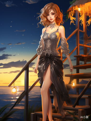 Exquisite Anime Style Full-Body Shot by the Beautiful Seaside