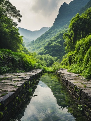 水绕青山山抱水，连绵青山美如画，古道小楼是谁家，高清画质，广角镜头。