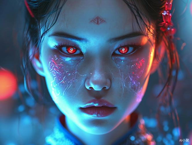 Chinese Young Girl with a 3D Three-dimensional Face and Cyberpunk Style