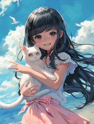 1970s anime style, a long black hair littlegirl, small pink bow, seaside, smart beautifulbig eyes, smiling face, wearing a clean,holding a white cat, chibli, the dream color,the blue sky background, third personperspective,8kar 3:4