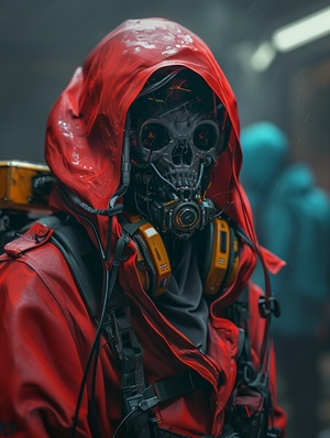 1girl,EA post-apocalyptic photos of red hooded, alien robot and blue eeogirl, Official art, Unity 8K wallpaper, super detailed, beautiful and aesthetic, masterpiece, best quality, realistic, (Zen Corner, Mandala, Tangle, entanglement), very detailed (dynamic Angle), movie lighting, Mechanical Boy, solo, full body, machine Joint: 1.2. Mechanical limbs, mechanical tubes connecting pipes, and mechanical vertebrae connecting the back. A bust of an elite soldier wearing a black and gold skull mask, hands folded 