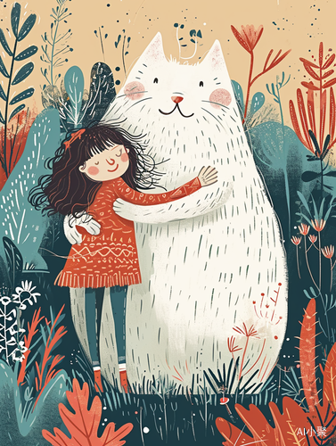 Doodle Illustration: Girl and Giant White Kitty