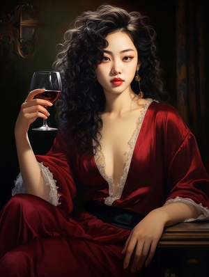 卷发中国美女手拿红酒，温柔伤心客厅情景