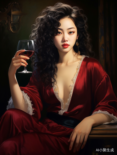 卷发中国美女手拿红酒，温柔伤心客厅情景