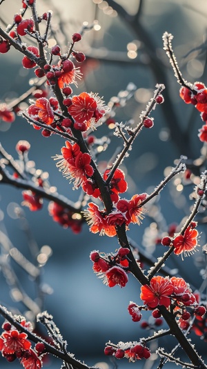 鲜红傲立的红梅，坚毅地破雪而出，宛如冬日中的一抹亮色。傲然挺立的花蕾饱满饱满，娇艳欲滴。梅枝上凝结着晶莹的露珠，它们在阳光的照耀下闪烁着迷人的光芒。微风吹拂，红梅舞动着，像是在述说着自身的坚韧和美丽。