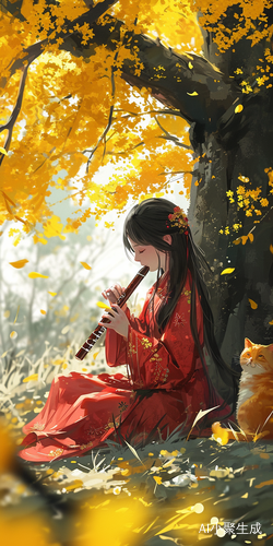 清晨桂花树下的小女孩和橘猫
