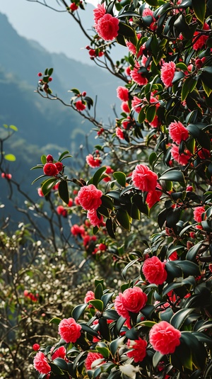 曲线优美的山茶花点缀在青翠的山坡上，粉色和红色的花瓣交相辉映。宽阔的绿叶如绸缎般披散在花朵周围，犹如一抹清新的画卷。微风吹过，花瓣轻轻摇曳，散发出淡雅的花香，仿佛陶醉在梦幻的仙境中。山茶花的枝条伸展疏密有致，如同艺术家用画笔勾勒出的精致线条。阳光洒在花瓣上，使它们呈现出红宝石般的光泽，散发出生机勃勃的活力。这幅山茶花画面仿佛将人们带入了一个恬静而美丽的花海中。